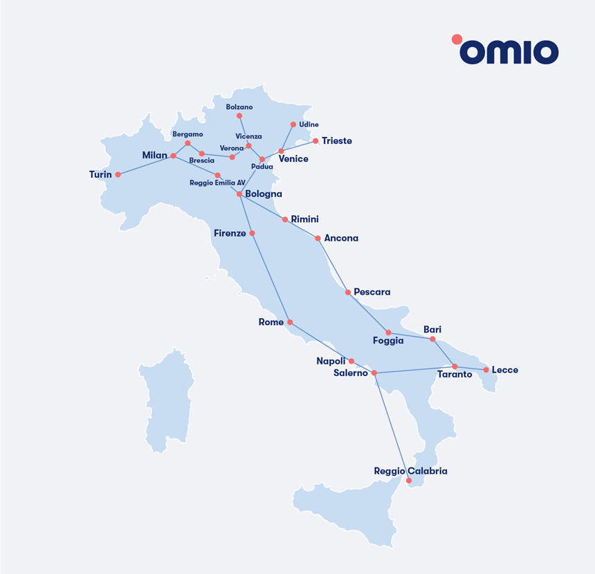 Italian rautatien reittikartta