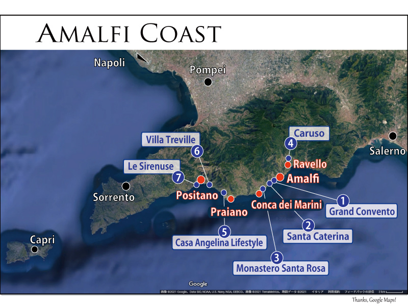 アマルフィ海岸のホテル地図