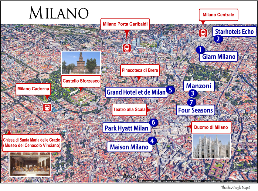 Χάρτης του Μιλάνου: Καθεδρικός Ναός του Μιλάνου, Θέατρο La Scala, Πινακοθήκη Brera, Κάστρο Sforzesco, Εκκλησία της Santa Maria delle Grazie (Ο Μυστικός Δείπνος του Λεονάρντο Ντα Βίντσι), Κεντρικός Σταθμός του Μιλάνου, Σταθμός Porta Garibaldi του Μιλάνου, Σταθμός Cadorna του Μιλάνου
