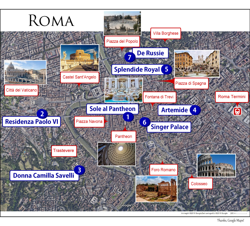 Χάρτης της Ρώμης: Πόλη του Βατικανού, Καστέλ Σαντ'Άντζελο, Πιάτσα ντελ Πόπολο, Βίλα Μποργκέζε, Τραστέβερε, Πιάτσα Ναβόνα, Πάνθεον, Φοντάνα ντι Τρέβι, Ισπανικά Σκαλιά, Ρωμαϊκή Αγορά, Κολοσσαίο, Σταθμός Roma Termini