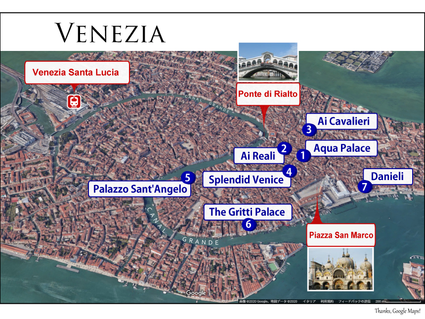 Hotel map of Venice; St. Mark's Square, Grand Canal, Rialto Bridge, and Venice Santa Lucia Railway Station